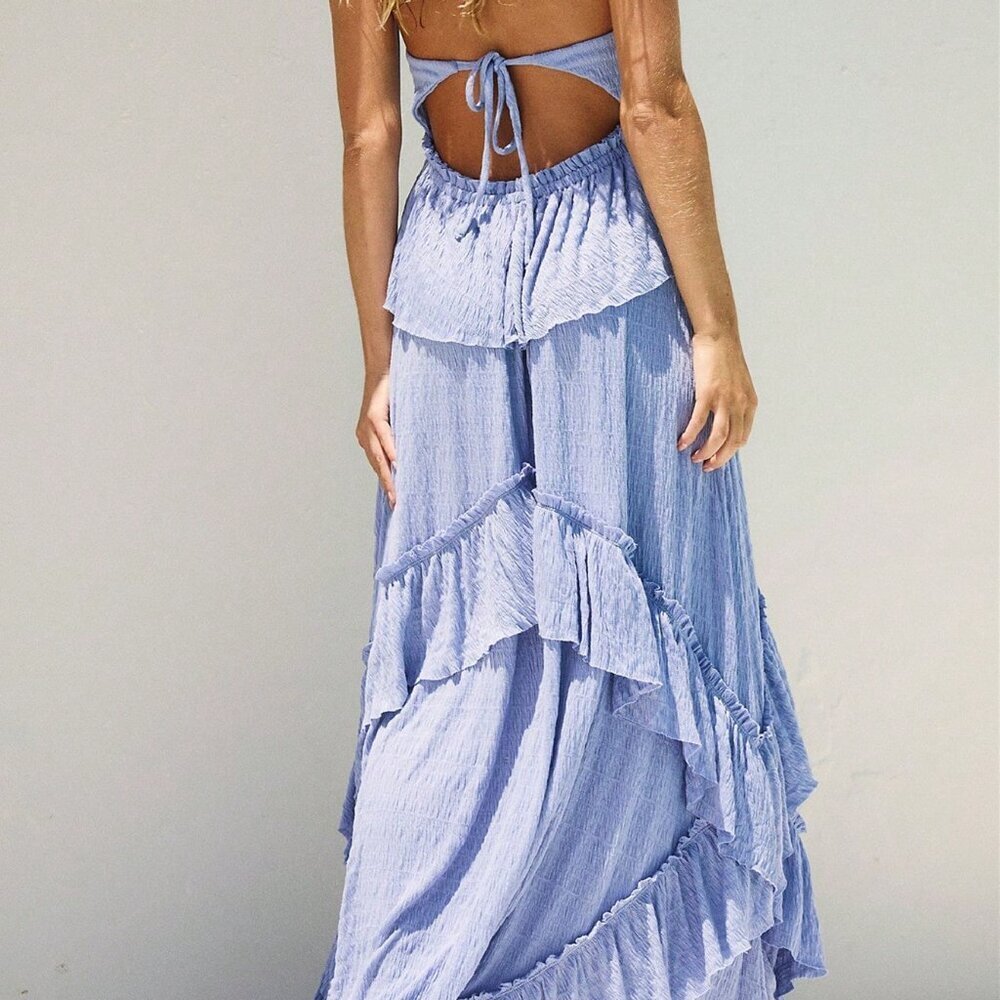 Blue Boho Women's Sexy Long Flowy Midi Beach Dress - Picture 2 of 4
